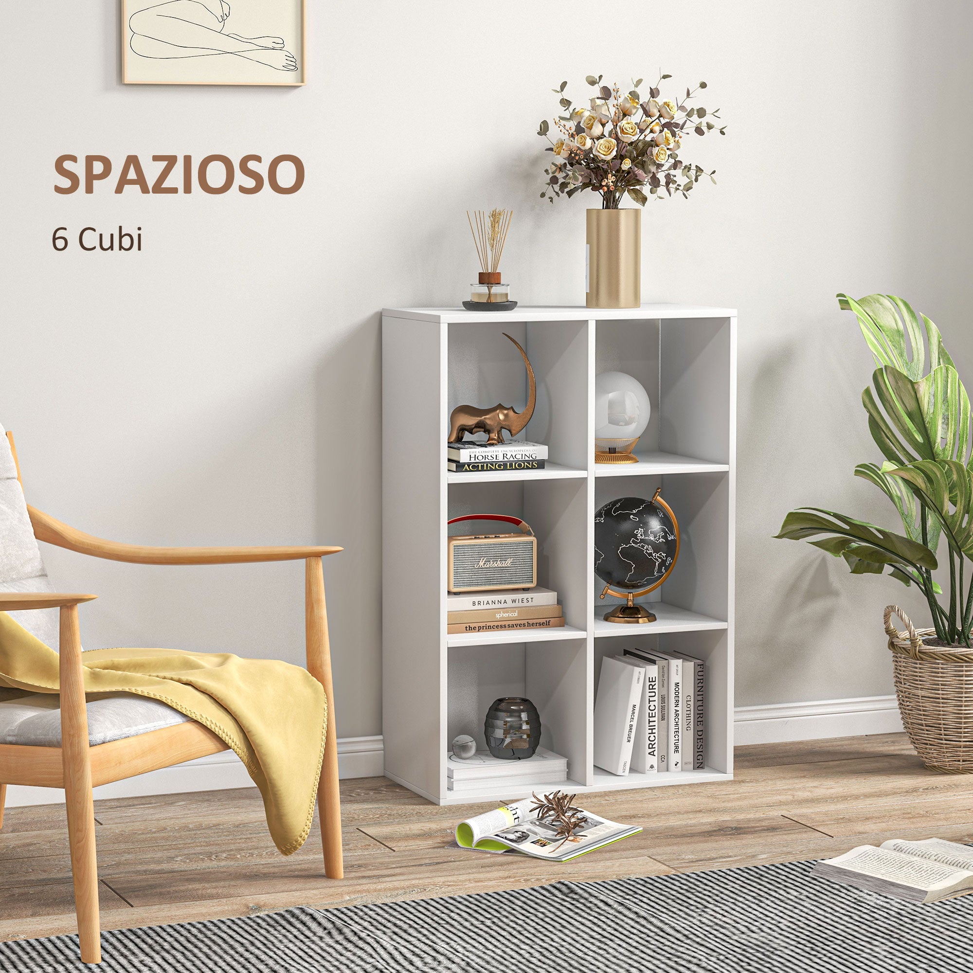 Cube Bookcase with 6 Shelves Storage Organizer in Rustic Design, Modern Wooden Bookcase, for Kids Room, Study, Office, 61.5x29.5x91.5 cm, White
