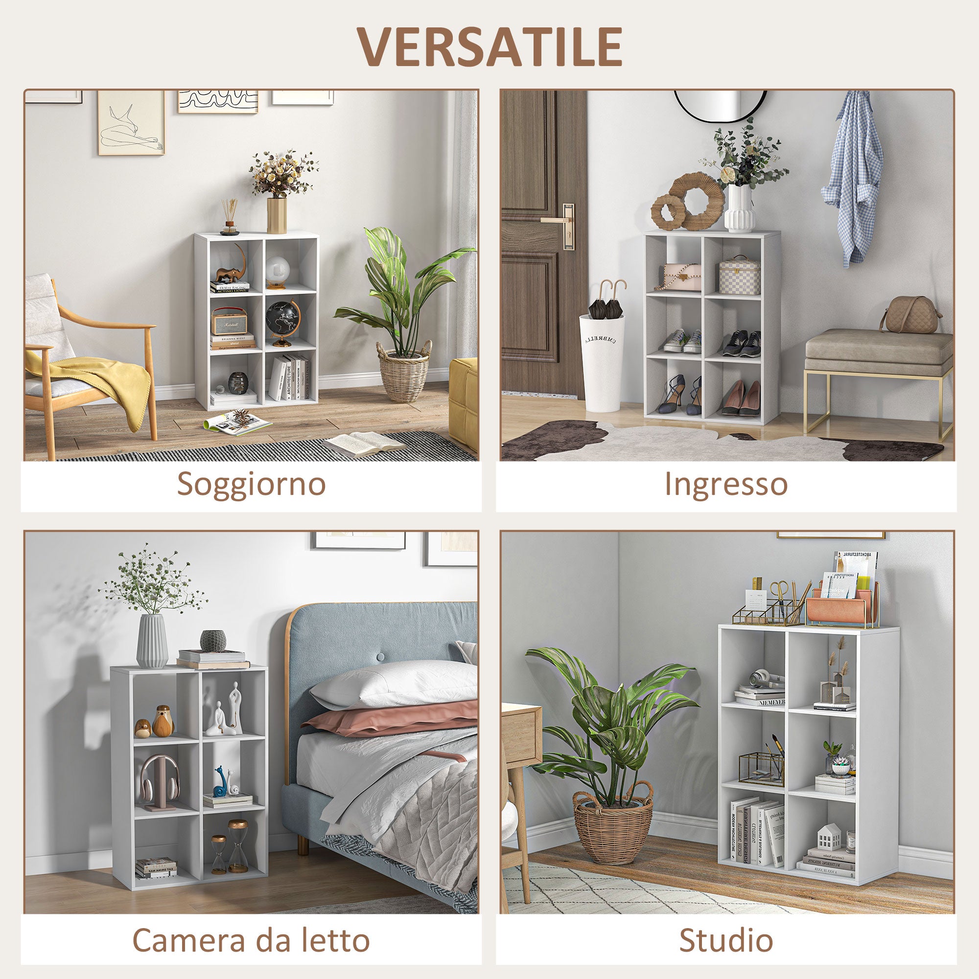 Cube Bookcase with 6 Shelves Storage Organizer in Rustic Design, Modern Wooden Bookcase, for Kids Room, Study, Office, 61.5x29.5x91.5 cm, White