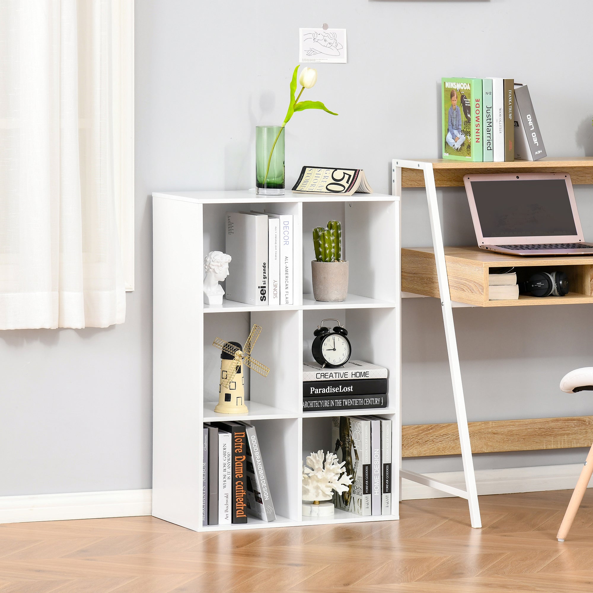 Cube Bookcase with 6 Shelves Storage Organizer in Rustic Design, Modern Wooden Bookcase, for Kids Room, Study, Office, 61.5x29.5x91.5 cm, White