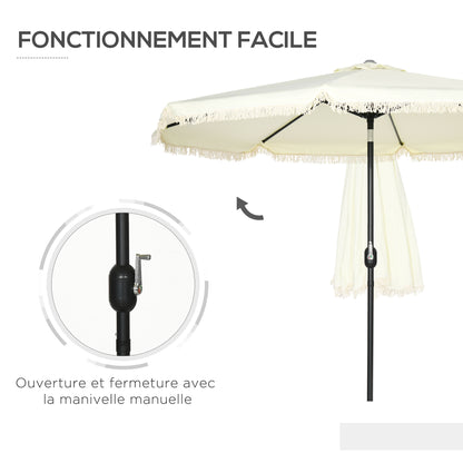 Garden Parasol Round Tilting Ø 268 cm with Fringes High-Density Anti-UV Polyester Fabric Removable Mast 8 Ribs, Cream