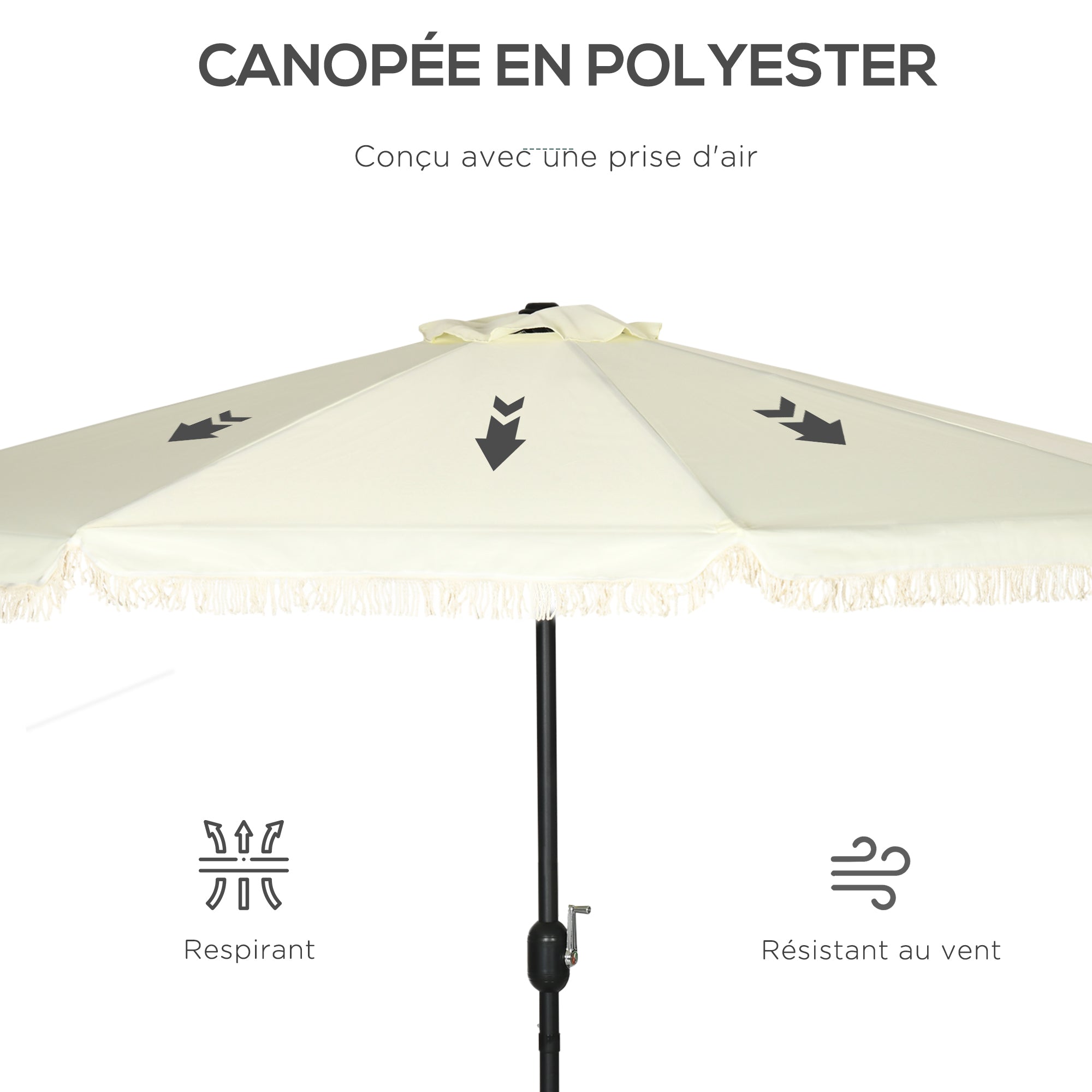 Garden Parasol Round Tilting Ø 268 cm with Fringes High-Density Anti-UV Polyester Fabric Removable Mast 8 Ribs, Cream
