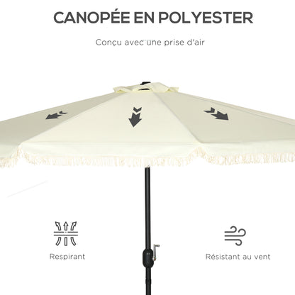 Garden Parasol Round Tilting Ø 268 cm with Fringes High-Density Anti-UV Polyester Fabric Removable Mast 8 Ribs, Cream