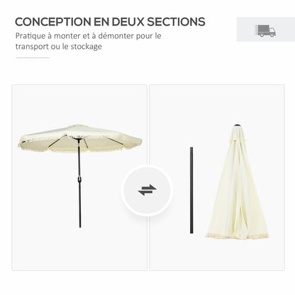 Garden Parasol Round Tilting Ø 268 cm with Fringes High-Density Anti-UV Polyester Fabric Removable Mast 8 Ribs, Cream