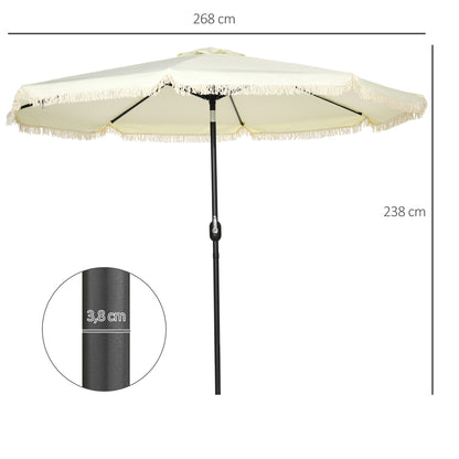 Garden Parasol Round Tilting Ø 268 cm with Fringes High-Density Anti-UV Polyester Fabric Removable Mast 8 Ribs, Cream