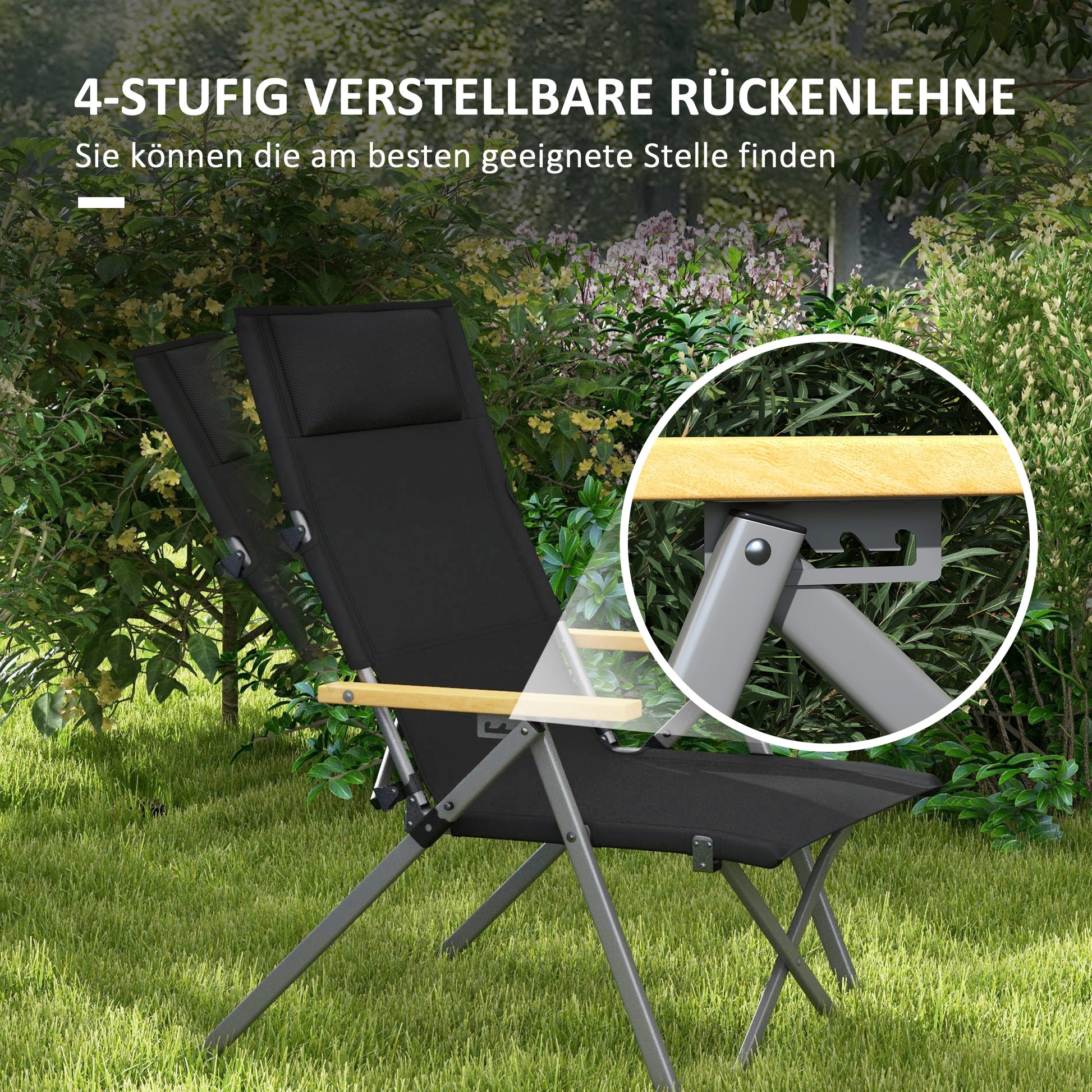 Folding Camping Chair with 4-Position Adjustable Backrest, Headrest, Folding Chair with Carrying Bag for Pool, Beach, Oxford, Black