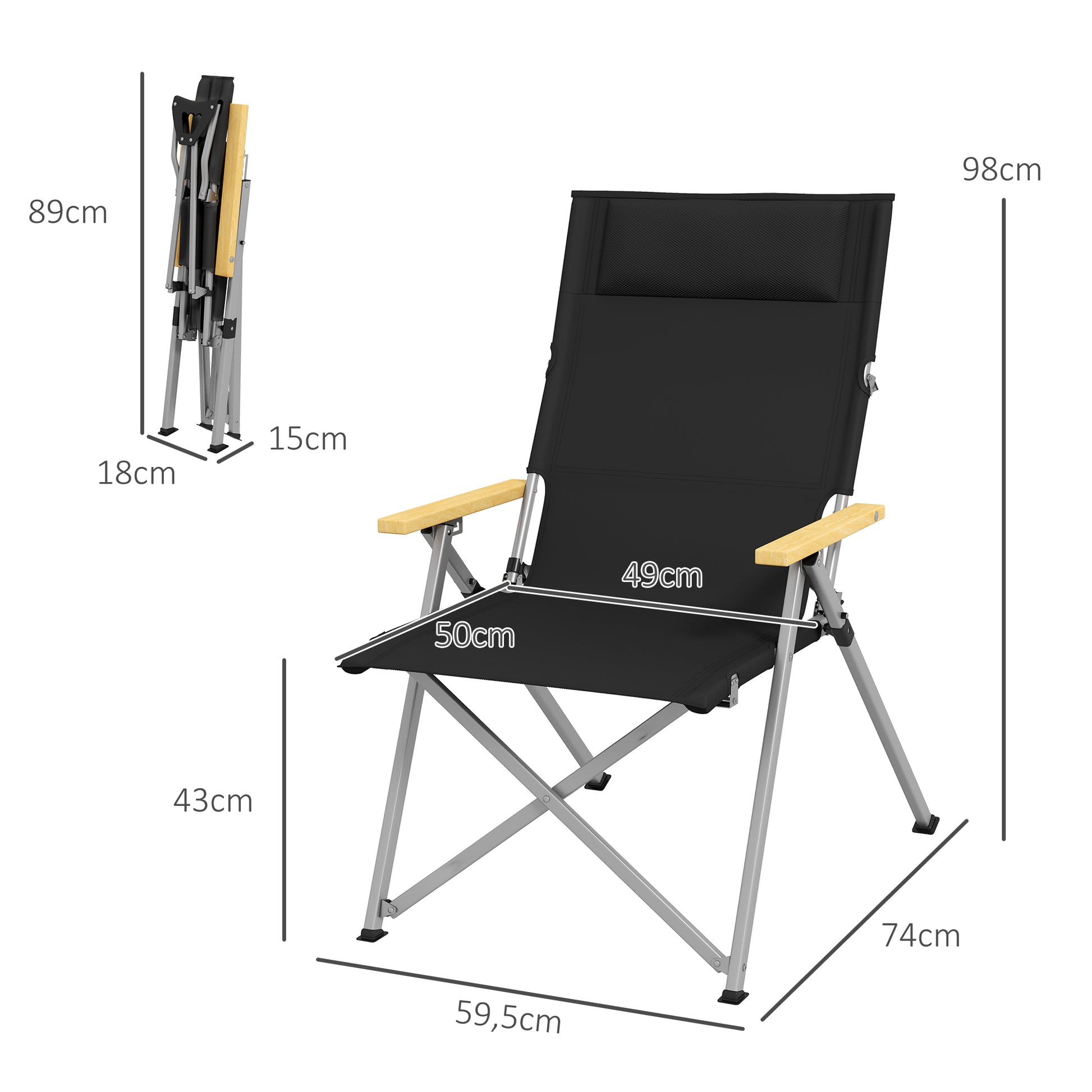 Folding Camping Chair with 4-Position Adjustable Backrest, Headrest, Folding Chair with Carrying Bag for Pool, Beach, Oxford, Black