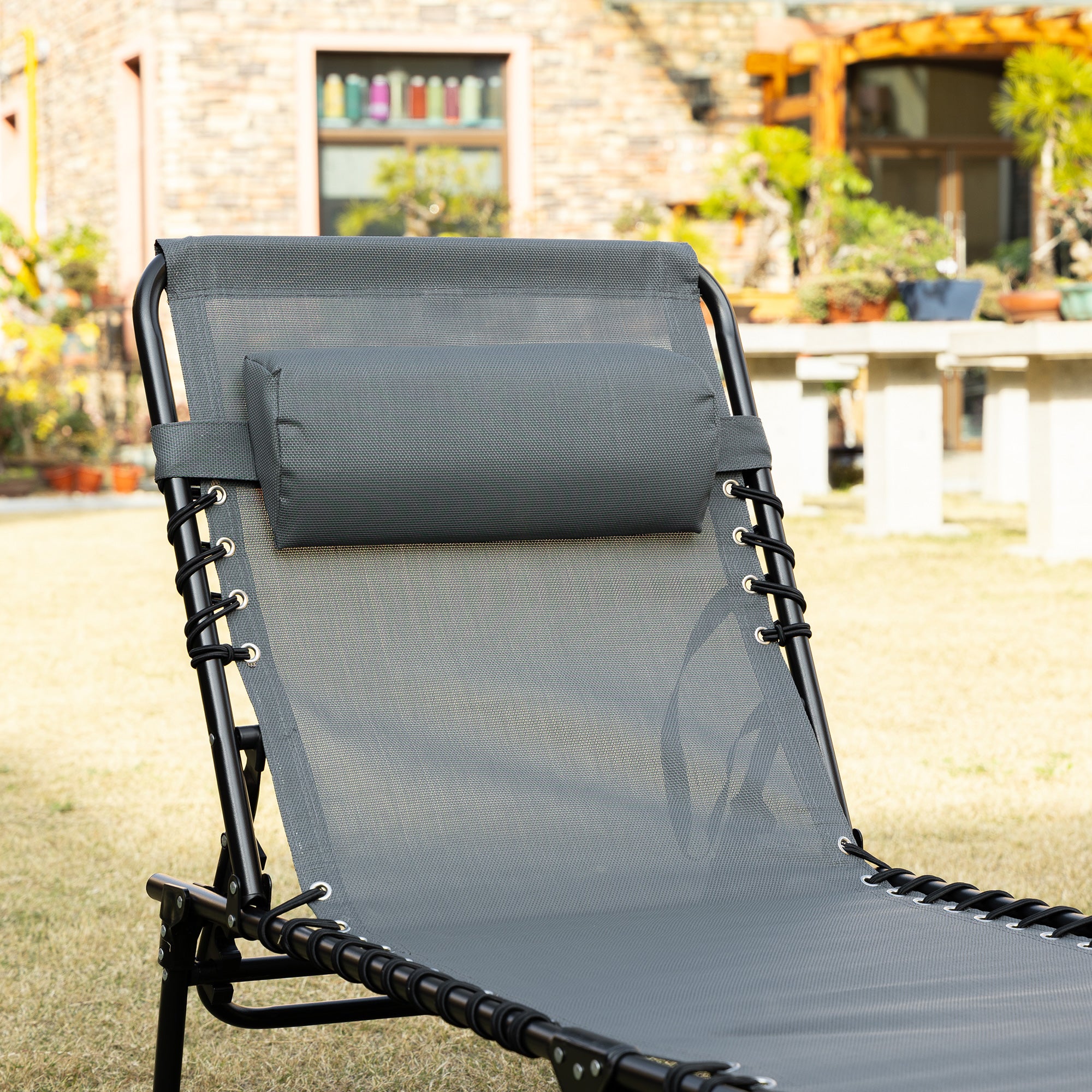 Folding Sun Lounger Garden Lounger with Headrest, Side Pocket, Recliner with 5-Position Adjustable Backrest, Weatherproof Camping Lounger up to 120 kg load capacity, for Garden Beach Pool, Gray