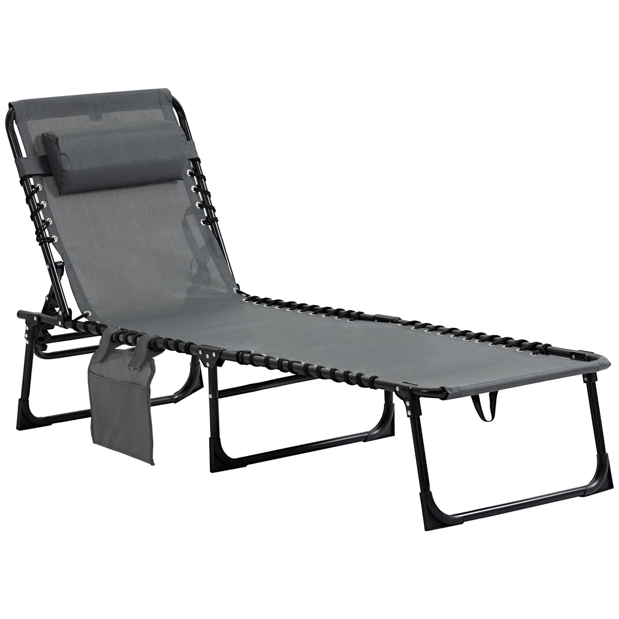 Folding Sun Lounger Garden Lounger with Headrest, Side Pocket, Recliner with 5-Position Adjustable Backrest, Weatherproof Camping Lounger up to 120 kg load capacity, for Garden Beach Pool, Gray