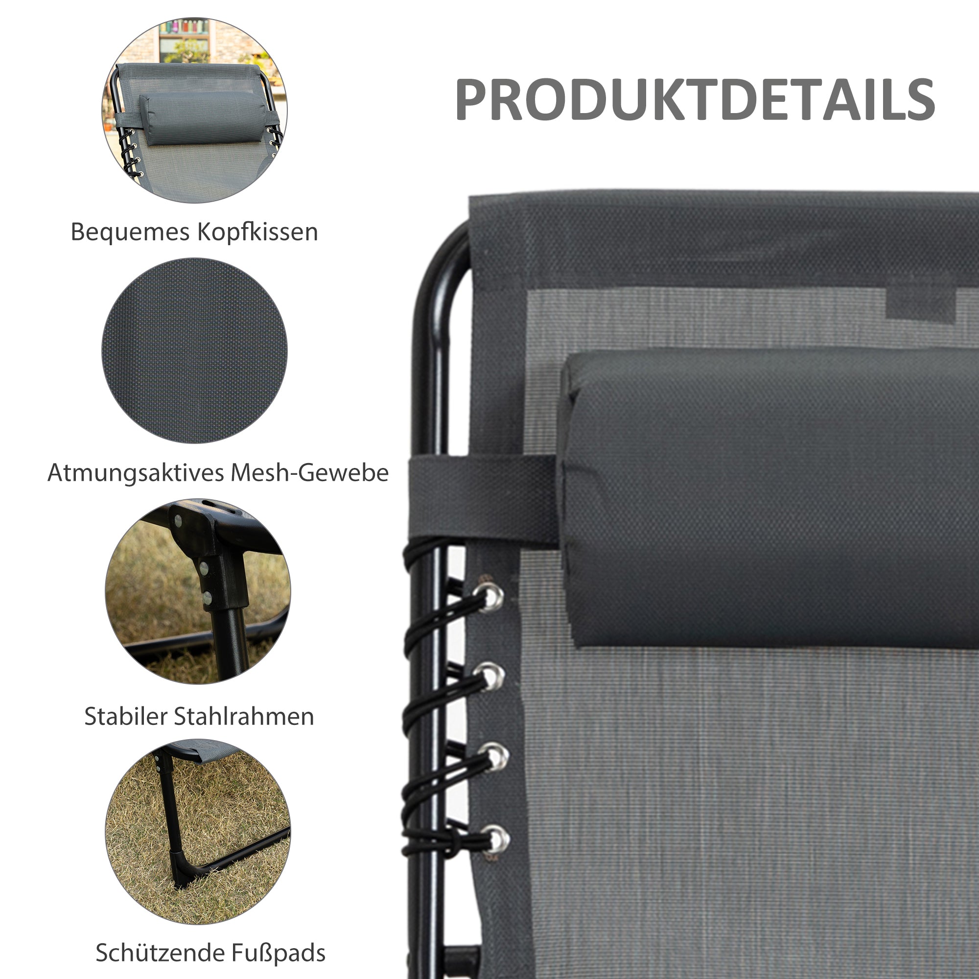 Folding Sun Lounger Garden Lounger with Headrest, Side Pocket, Recliner with 5-Position Adjustable Backrest, Weatherproof Camping Lounger up to 120 kg load capacity, for Garden Beach Pool, Gray