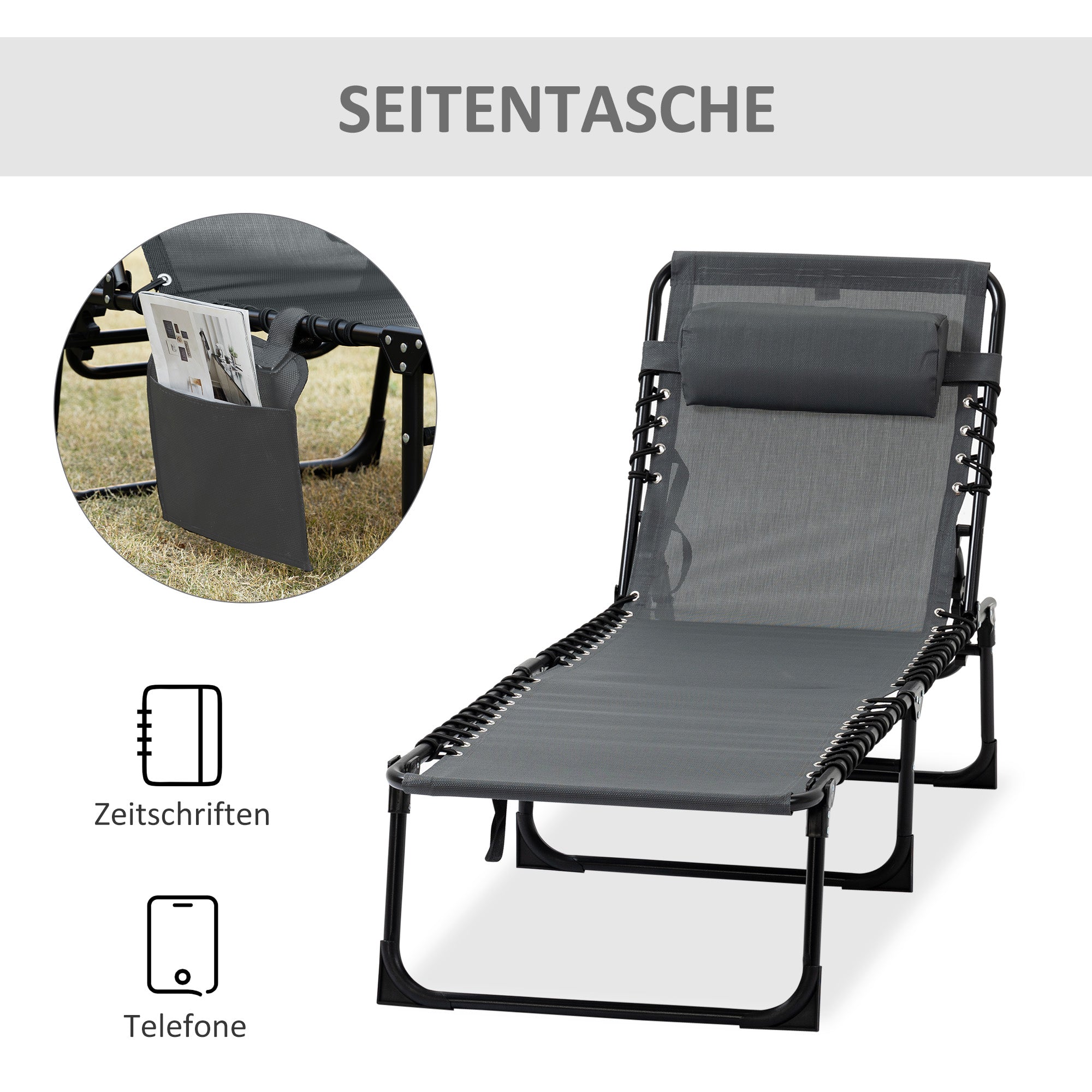 Folding Sun Lounger Garden Lounger with Headrest, Side Pocket, Recliner with 5-Position Adjustable Backrest, Weatherproof Camping Lounger up to 120 kg load capacity, for Garden Beach Pool, Gray
