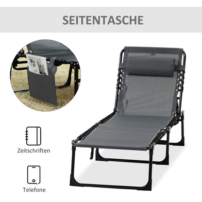 Folding Sun Lounger Garden Lounger with Headrest, Side Pocket, Recliner with 5-Position Adjustable Backrest, Weatherproof Camping Lounger up to 120 kg load capacity, for Garden Beach Pool, Gray