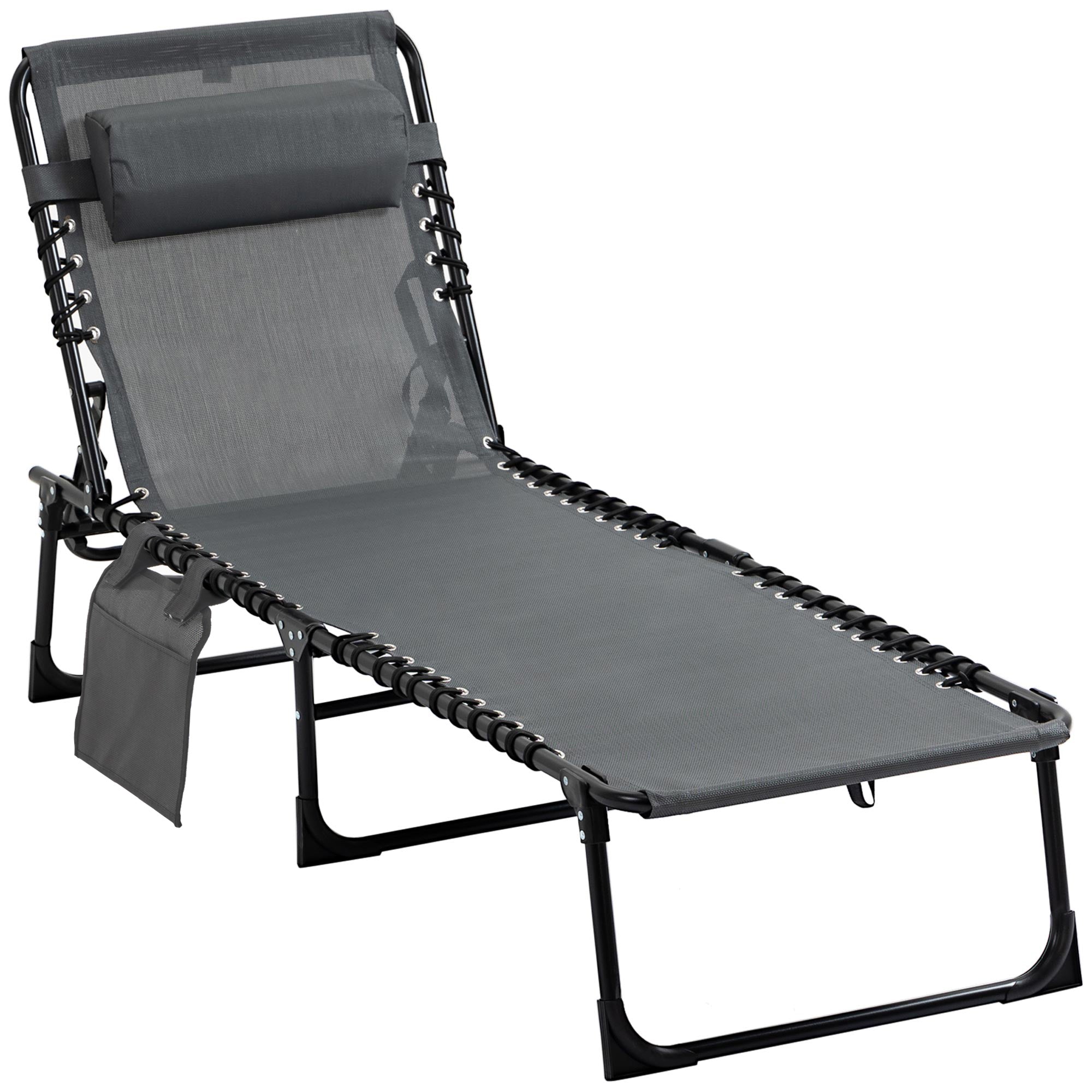 Folding Sun Lounger Garden Lounger with Headrest, Side Pocket, Recliner with 5-Position Adjustable Backrest, Weatherproof Camping Lounger up to 120 kg load capacity, for Garden Beach Pool, Gray