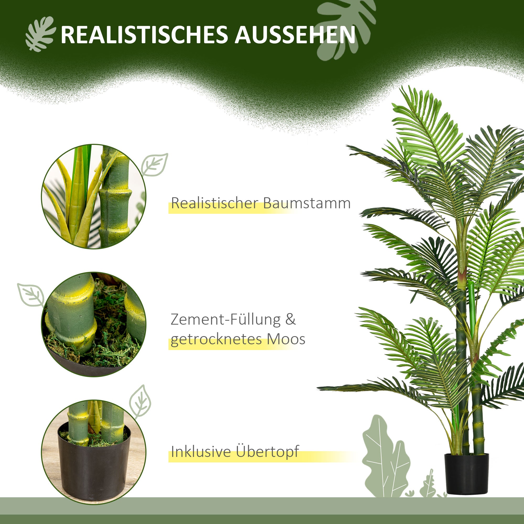 Artificial Plant, Artificial Palm Tree, Artificial Plant with Cement Filling, Fake Palm Tree in Pot, Indoor Plant for Home Decor, 150 cm, Green