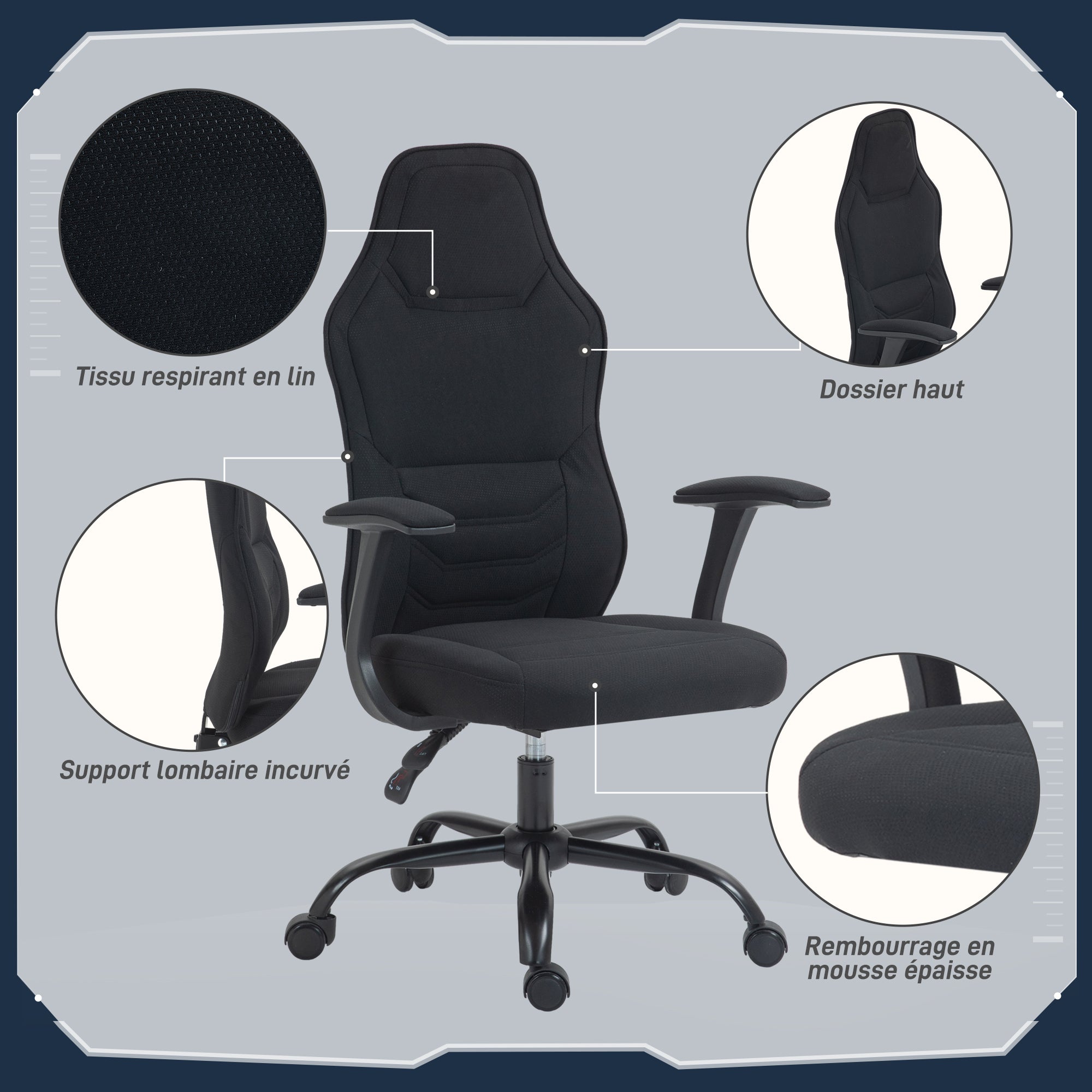 Gaming Chair Gamer Ergonomic Office Chair with Adjustable Backrest Height Adjustable Breathable Fabric Black