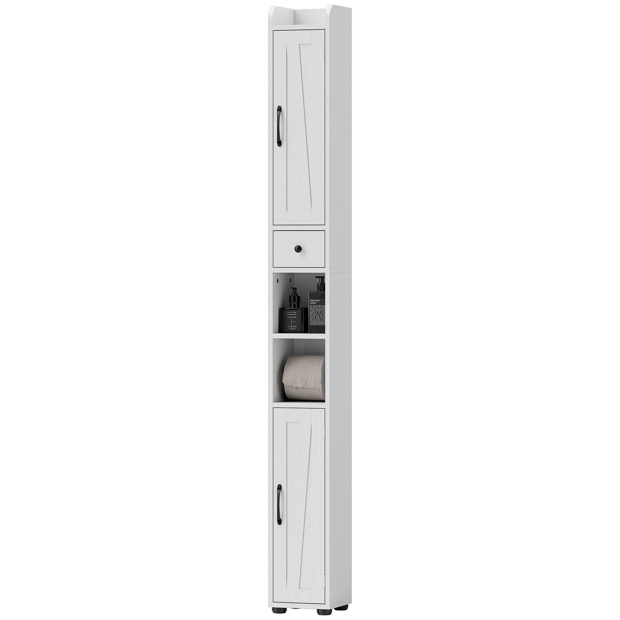 Narrow Bathroom Column with 2 Doors Tall Rustic Bathroom Cabinet with Drawer Open Compartment Adjustable Shelves and Toilet Paper Holder 20x20x185 cm White