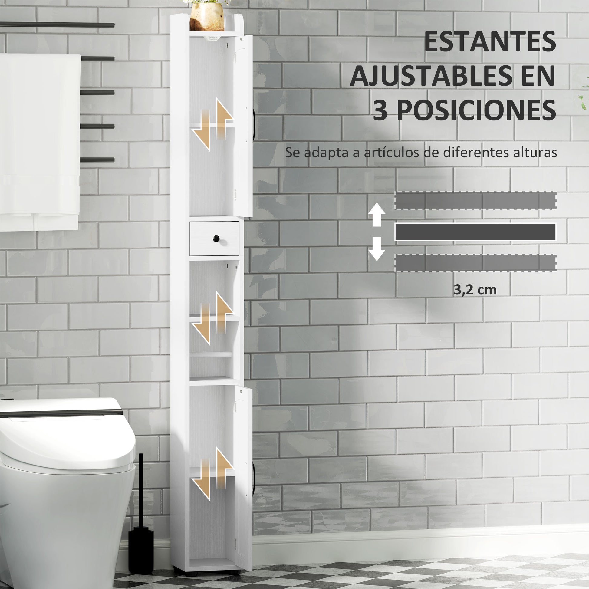 Narrow Bathroom Column with 2 Doors Tall Rustic Bathroom Cabinet with Drawer Open Compartment Adjustable Shelves and Toilet Paper Holder 20x20x185 cm White