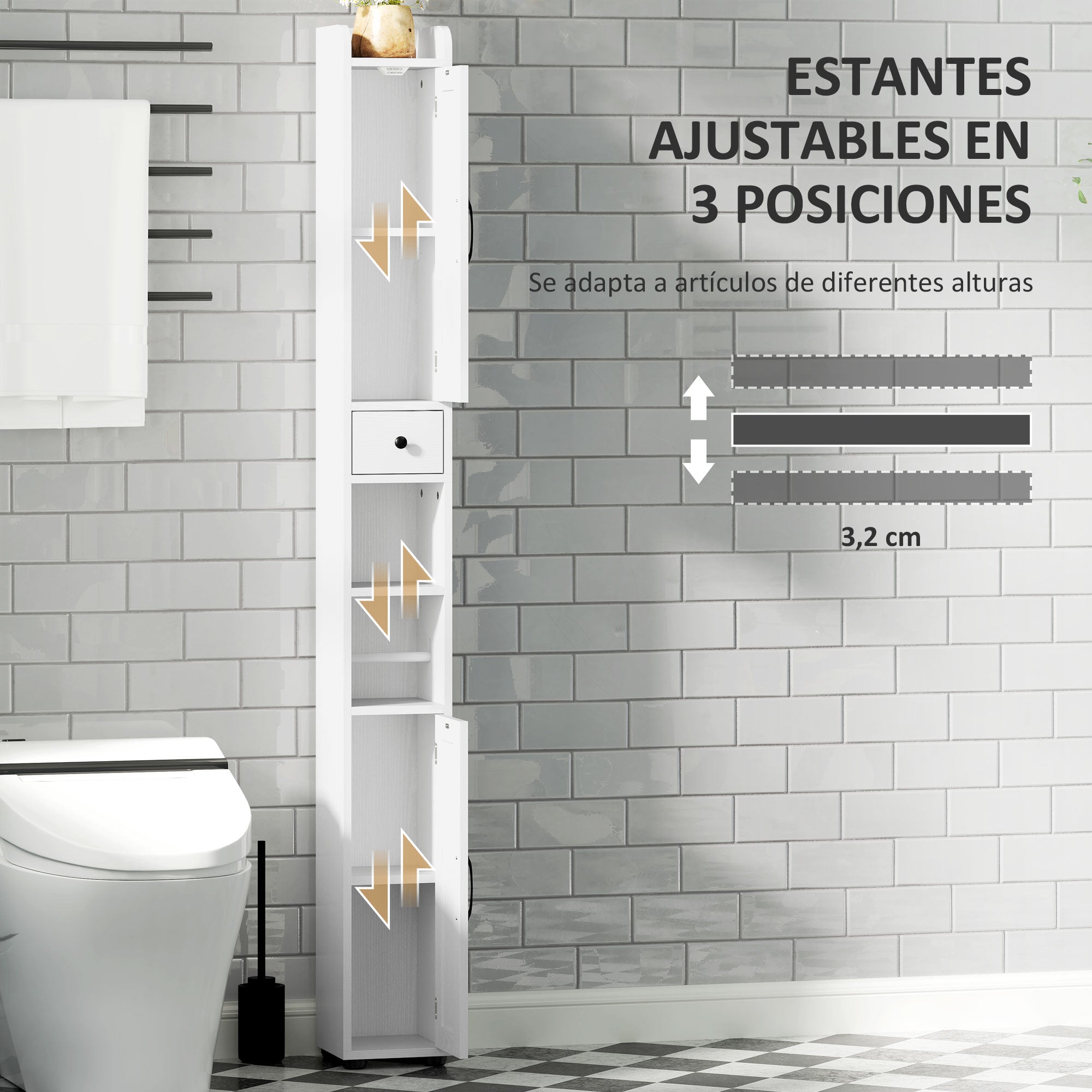 Narrow Bathroom Column with 2 Doors Tall Rustic Bathroom Cabinet with Drawer Open Compartment Adjustable Shelves and Toilet Paper Holder 20x20x185 cm White