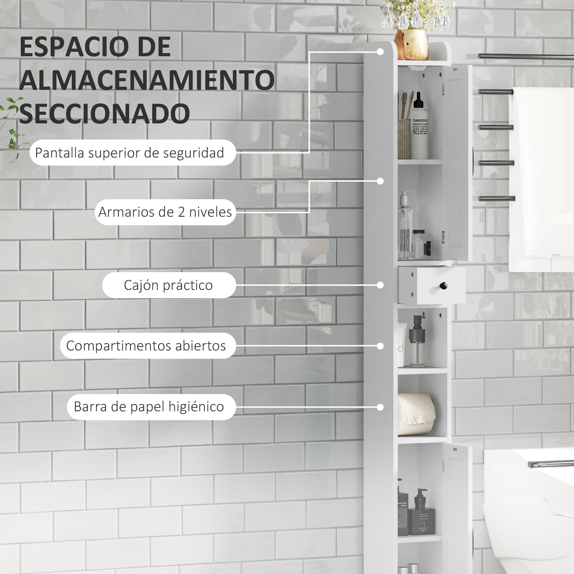 Narrow Bathroom Column with 2 Doors Tall Rustic Bathroom Cabinet with Drawer Open Compartment Adjustable Shelves and Toilet Paper Holder 20x20x185 cm White