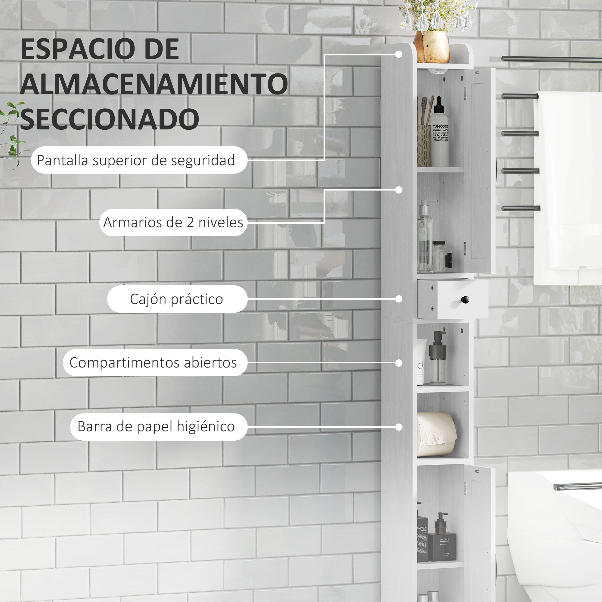 Narrow Bathroom Column with 2 Doors Tall Rustic Bathroom Cabinet with Drawer Open Compartment Adjustable Shelves and Toilet Paper Holder 20x20x185 cm White