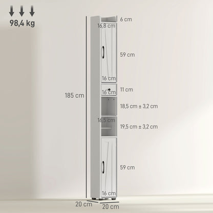 Narrow Bathroom Column with 2 Doors Tall Rustic Bathroom Cabinet with Drawer Open Compartment Adjustable Shelves and Toilet Paper Holder 20x20x185 cm White