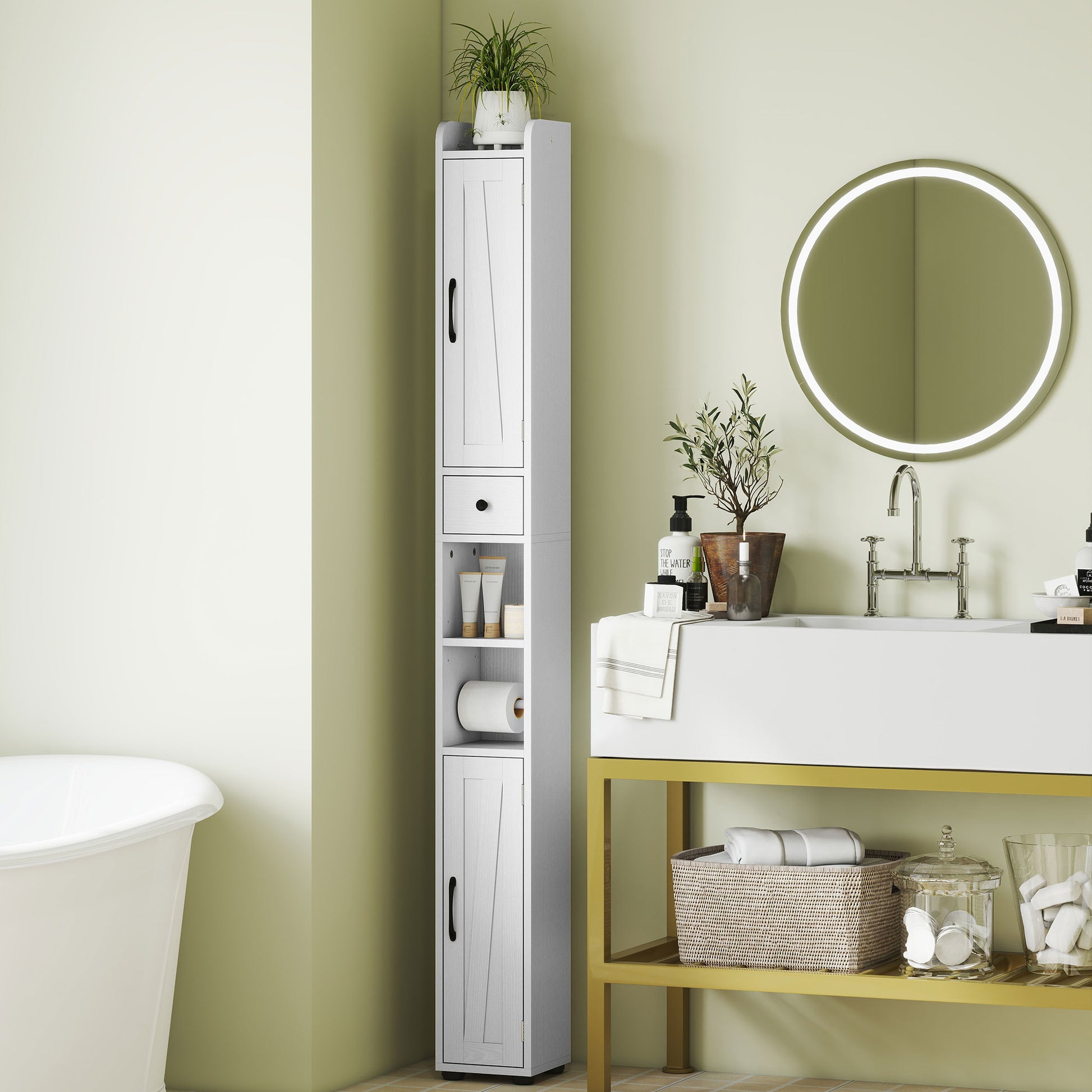 Narrow Bathroom Column with 2 Doors Tall Rustic Bathroom Cabinet with Drawer Open Compartment Adjustable Shelves and Toilet Paper Holder 20x20x185 cm White