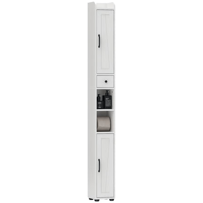 Narrow Bathroom Column with 2 Doors Tall Rustic Bathroom Cabinet with Drawer Open Compartment Adjustable Shelves and Toilet Paper Holder 20x20x185 cm White