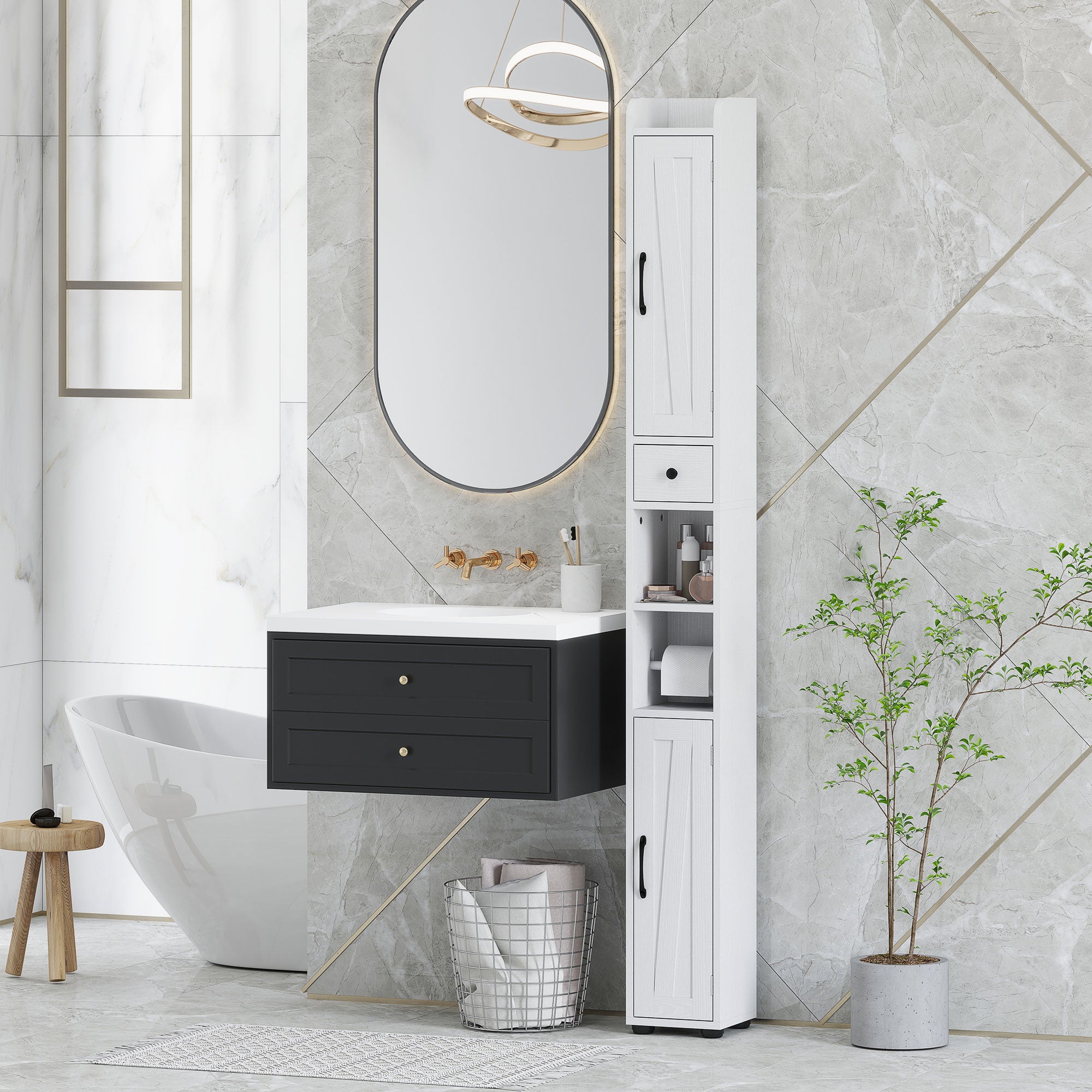 Narrow Bathroom Column with 2 Doors Tall Rustic Bathroom Cabinet with Drawer Open Compartment Adjustable Shelves and Toilet Paper Holder 20x20x185 cm White