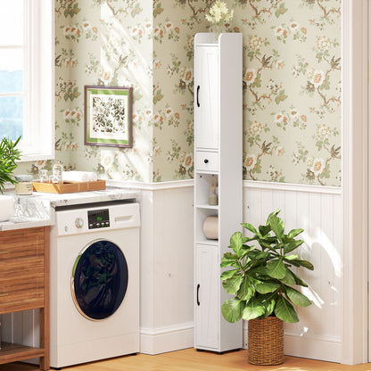 Narrow Bathroom Column with 2 Doors Tall Rustic Bathroom Cabinet with Drawer Open Compartment Adjustable Shelves and Toilet Paper Holder 20x20x185 cm White