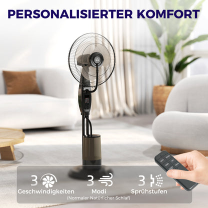 Water Cooling Fan, Stand Fan with Misting Spray, Remote Control, Timer Function, 3.2L Water Tank, 3 Modes, 75W, Oscillating Water Fan with Rollers, 120cm