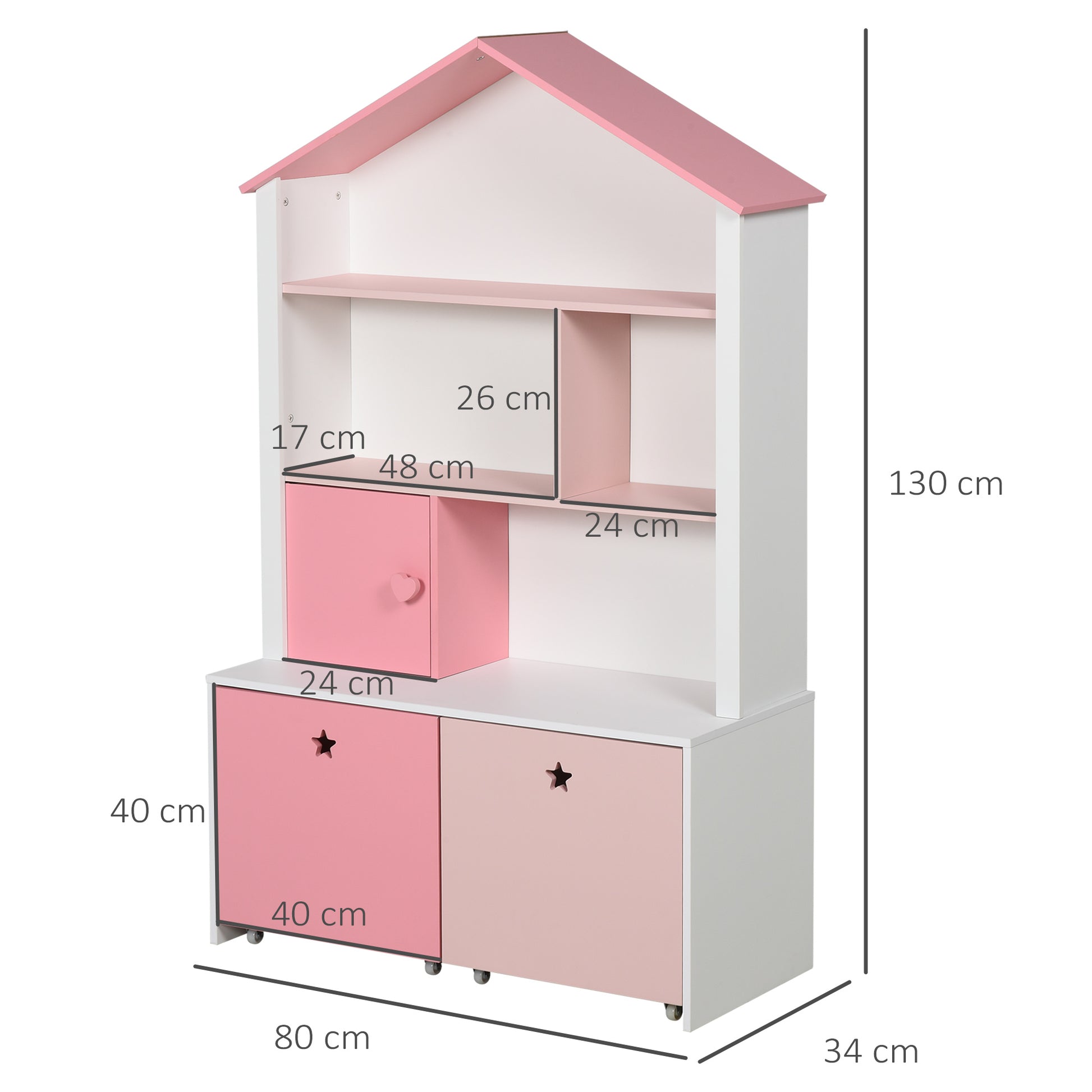 Wooden Children's Bookcase Shelf with 4 Compartments, 1 Door, and 2 Removable Drawers with Wheels for Books Toys 80x34x130 cm Pink and White