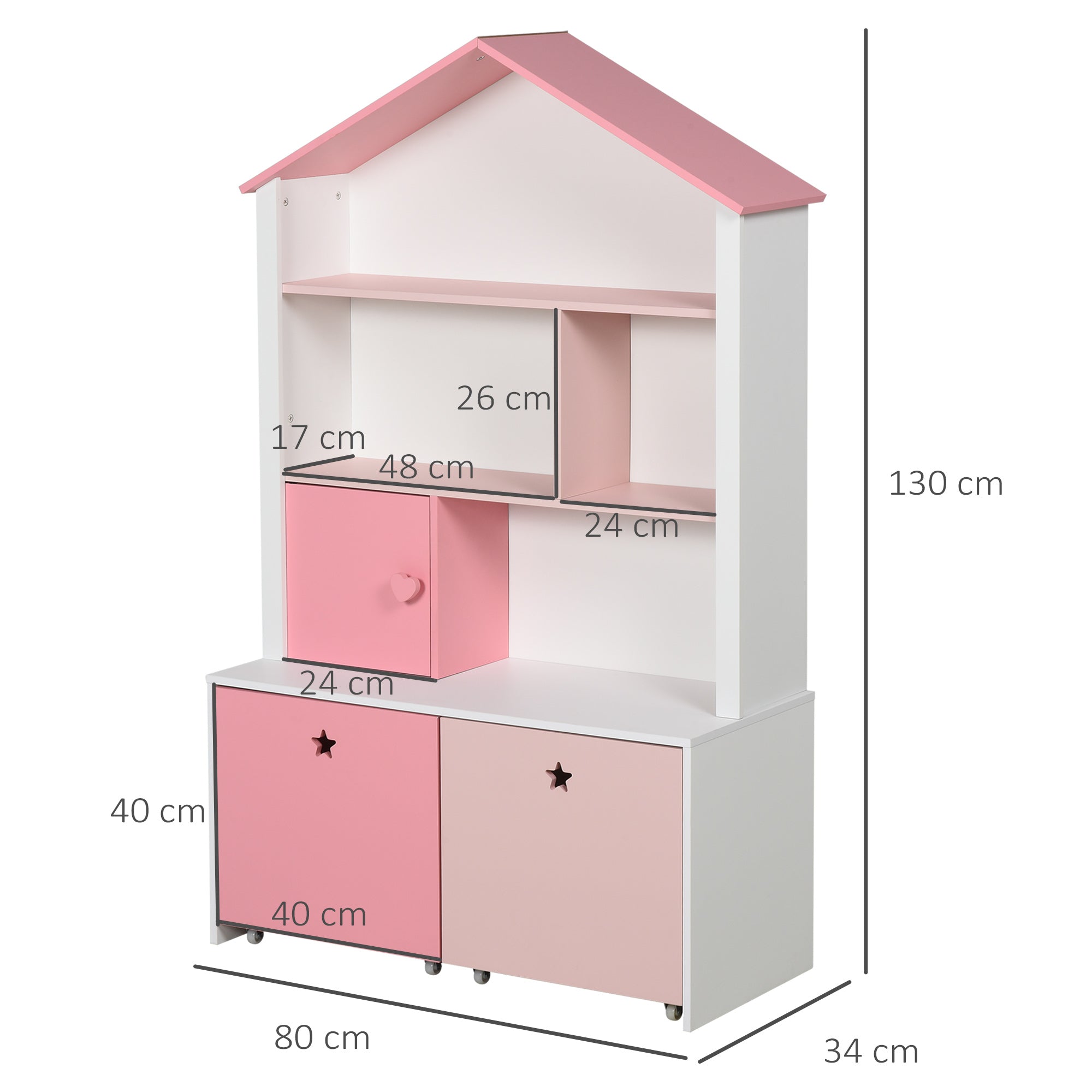 Wooden Children's Bookcase Shelf with 4 Compartments, 1 Door, and 2 Removable Drawers with Wheels for Books Toys 80x34x130 cm Pink and White