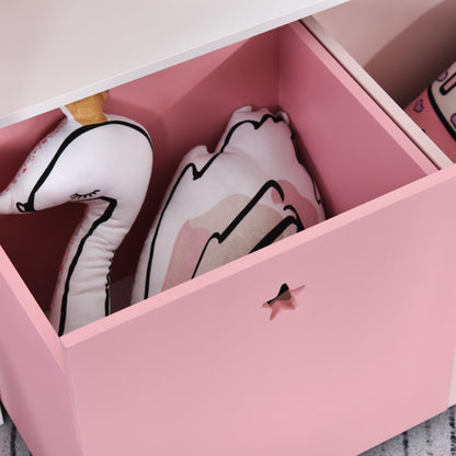 Wooden Children's Bookcase Shelf with 4 Compartments, 1 Door, and 2 Removable Drawers with Wheels for Books Toys 80x34x130 cm Pink and White