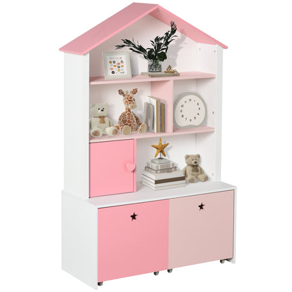 Wooden Children's Bookcase Shelf with 4 Compartments, 1 Door, and 2 Removable Drawers with Wheels for Books Toys 80x34x130 cm Pink and White