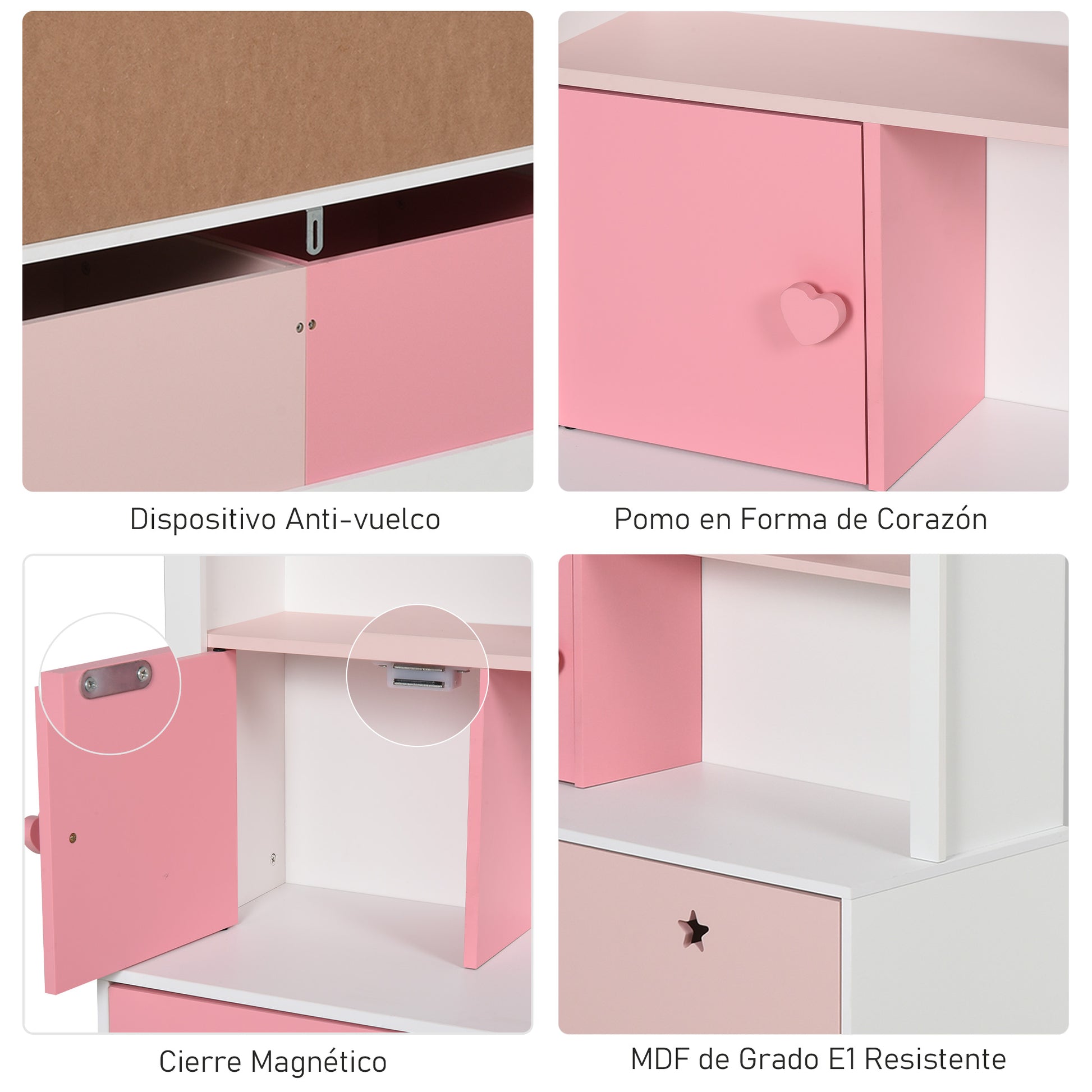 Wooden Children's Bookcase Shelf with 4 Compartments, 1 Door, and 2 Removable Drawers with Wheels for Books Toys 80x34x130 cm Pink and White
