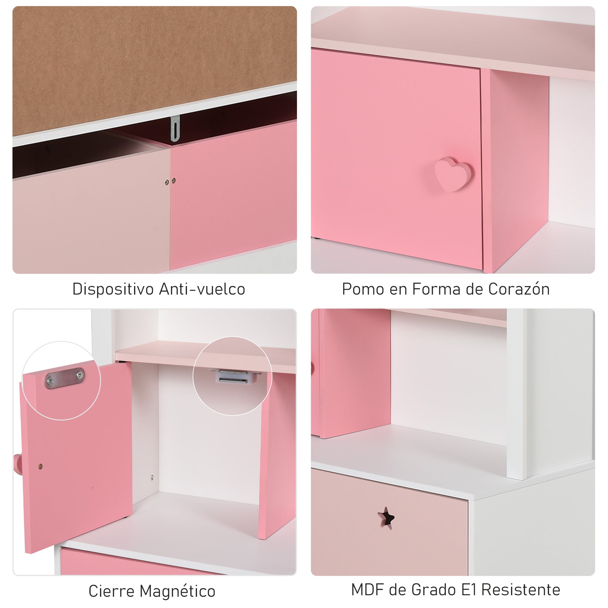 Wooden Children's Bookcase Shelf with 4 Compartments, 1 Door, and 2 Removable Drawers with Wheels for Books Toys 80x34x130 cm Pink and White