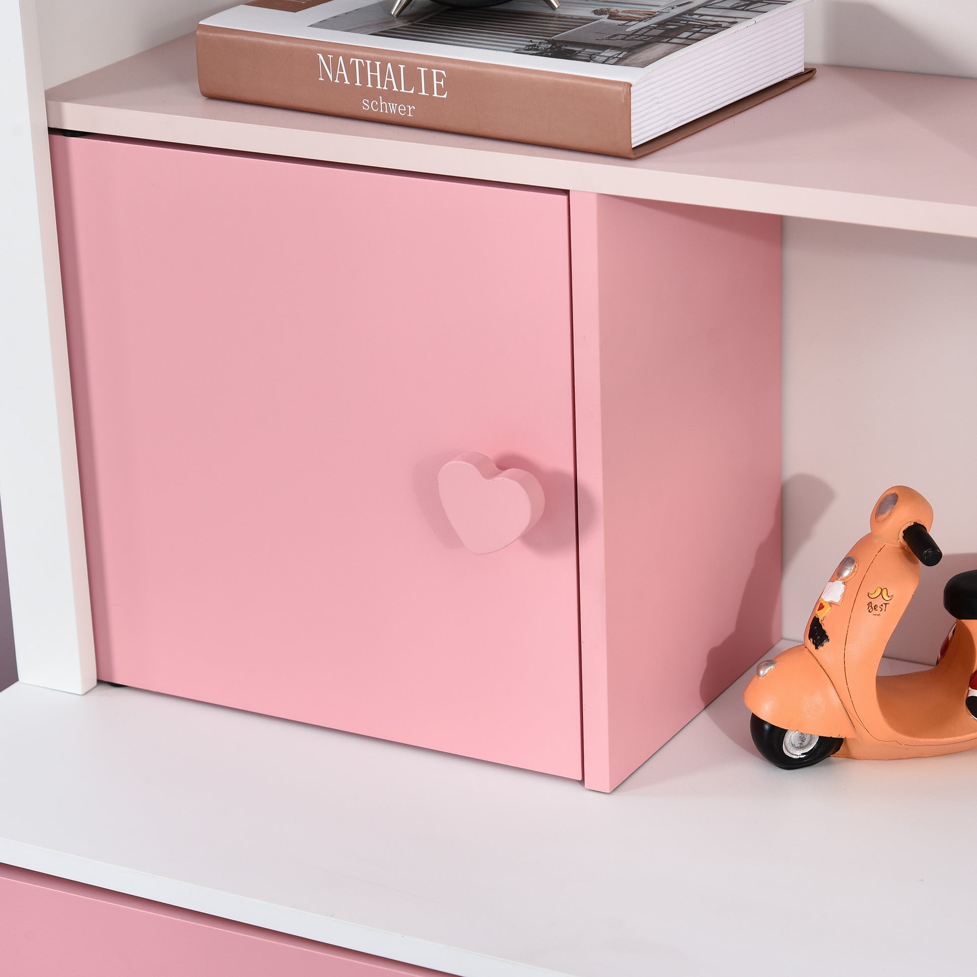 Wooden Children's Bookcase Shelf with 4 Compartments, 1 Door, and 2 Removable Drawers with Wheels for Books Toys 80x34x130 cm Pink and White