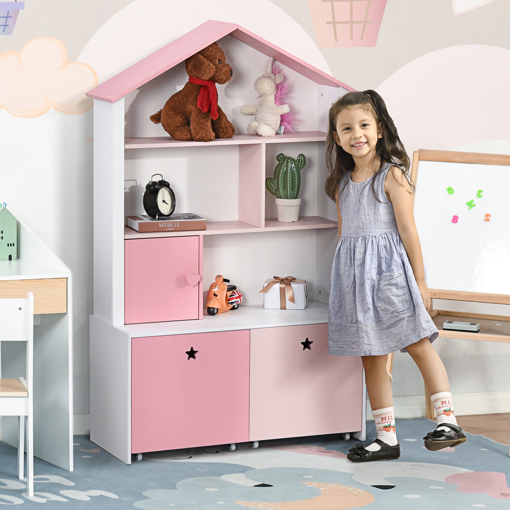 Wooden Children's Bookcase Shelf with 4 Compartments, 1 Door, and 2 Removable Drawers with Wheels for Books Toys 80x34x130 cm Pink and White