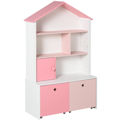 Wooden Children's Bookcase Shelf with 4 Compartments, 1 Door, and 2 Removable Drawers with Wheels for Books Toys 80x34x130 cm Pink and White