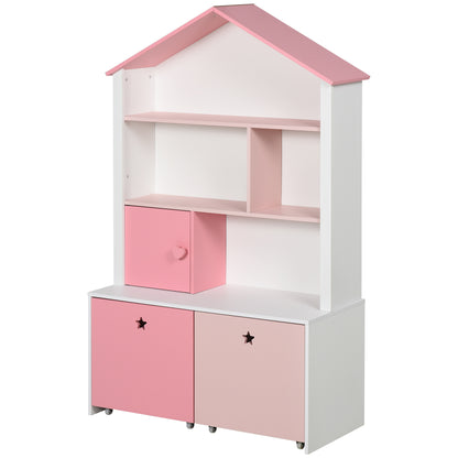 Wooden Children's Bookcase Shelf with 4 Compartments, 1 Door, and 2 Removable Drawers with Wheels for Books Toys 80x34x130 cm Pink and White