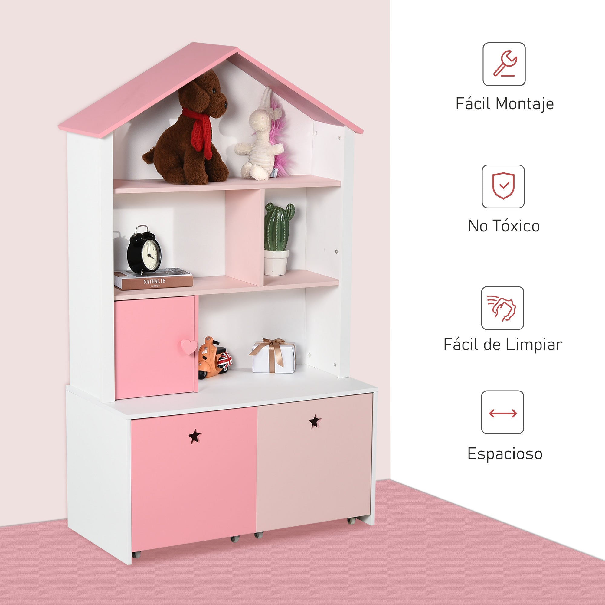 Wooden Children's Bookcase Shelf with 4 Compartments, 1 Door, and 2 Removable Drawers with Wheels for Books Toys 80x34x130 cm Pink and White