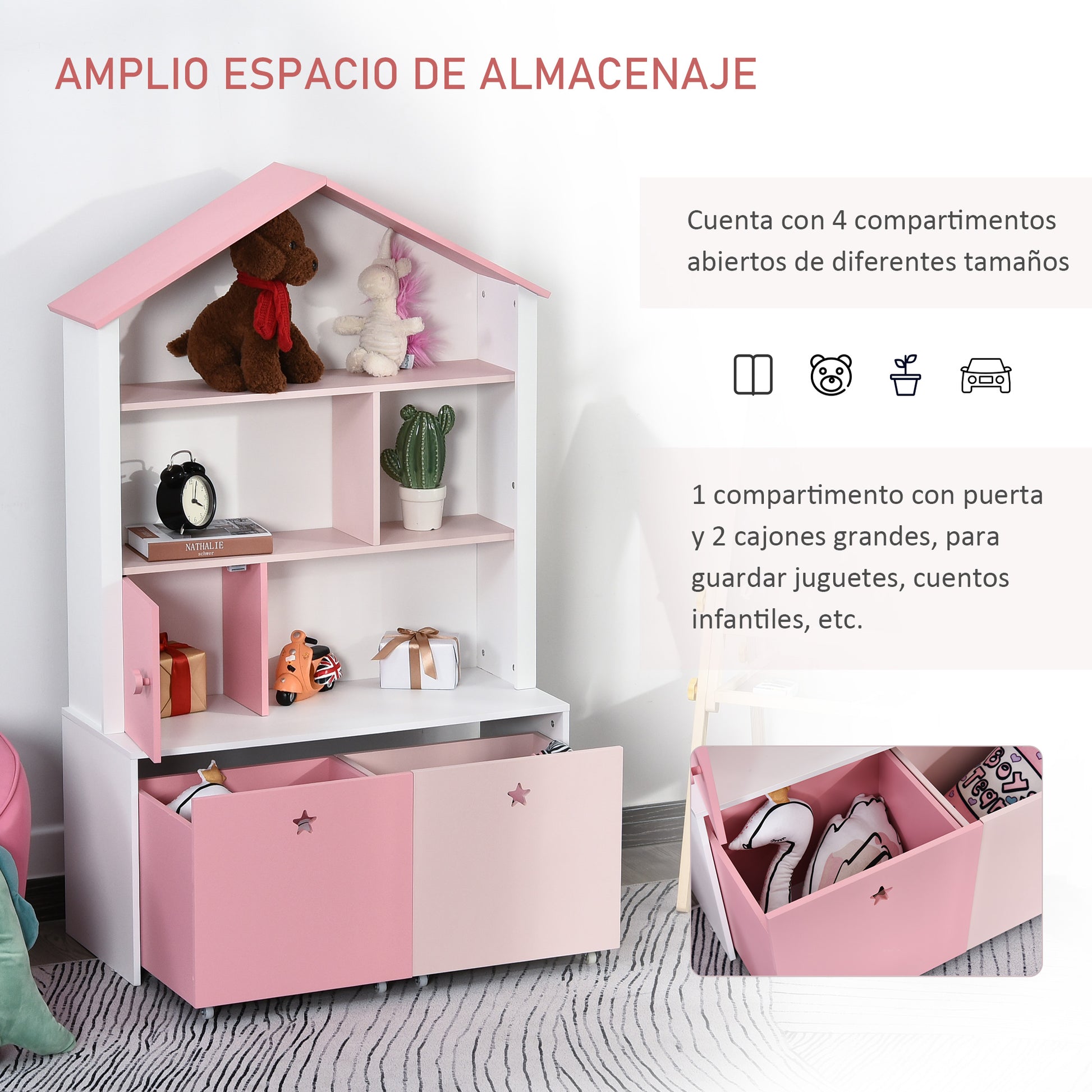 Wooden Children's Bookcase Shelf with 4 Compartments, 1 Door, and 2 Removable Drawers with Wheels for Books Toys 80x34x130 cm Pink and White