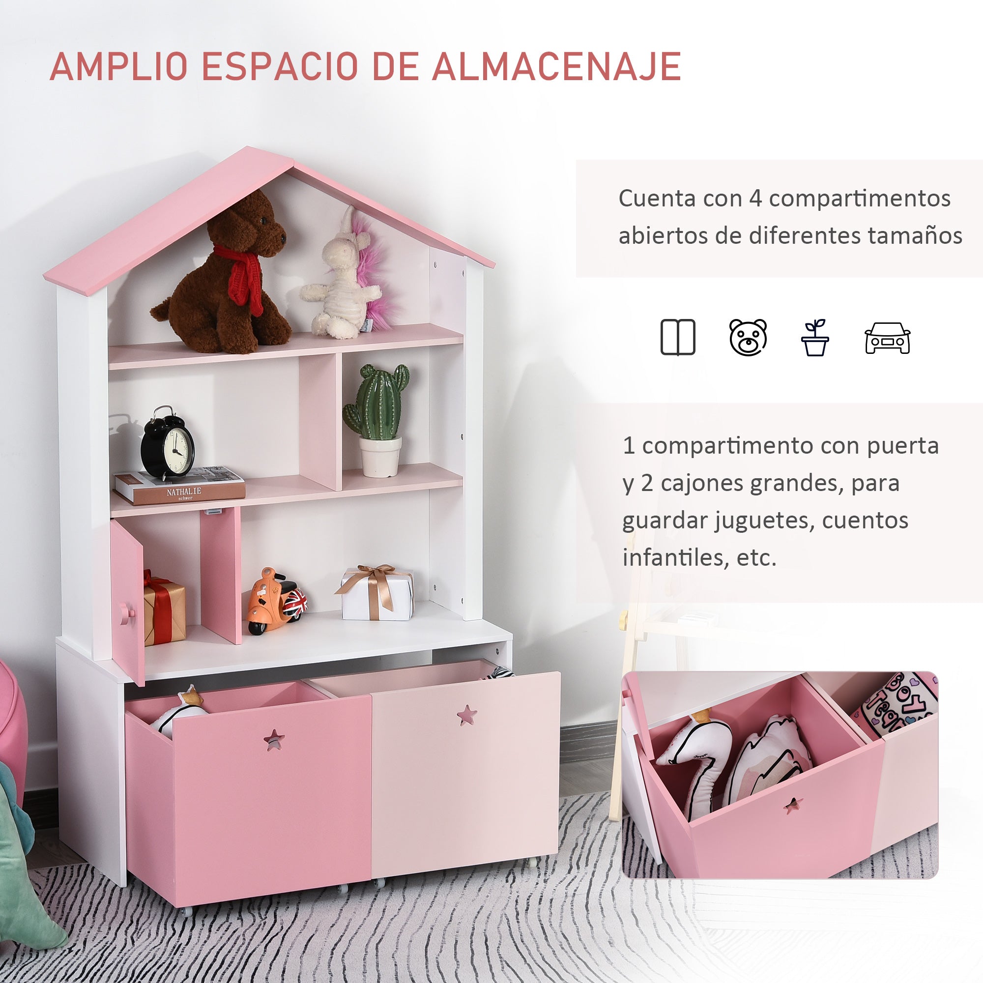 Wooden Children's Bookcase Shelf with 4 Compartments, 1 Door, and 2 Removable Drawers with Wheels for Books Toys 80x34x130 cm Pink and White