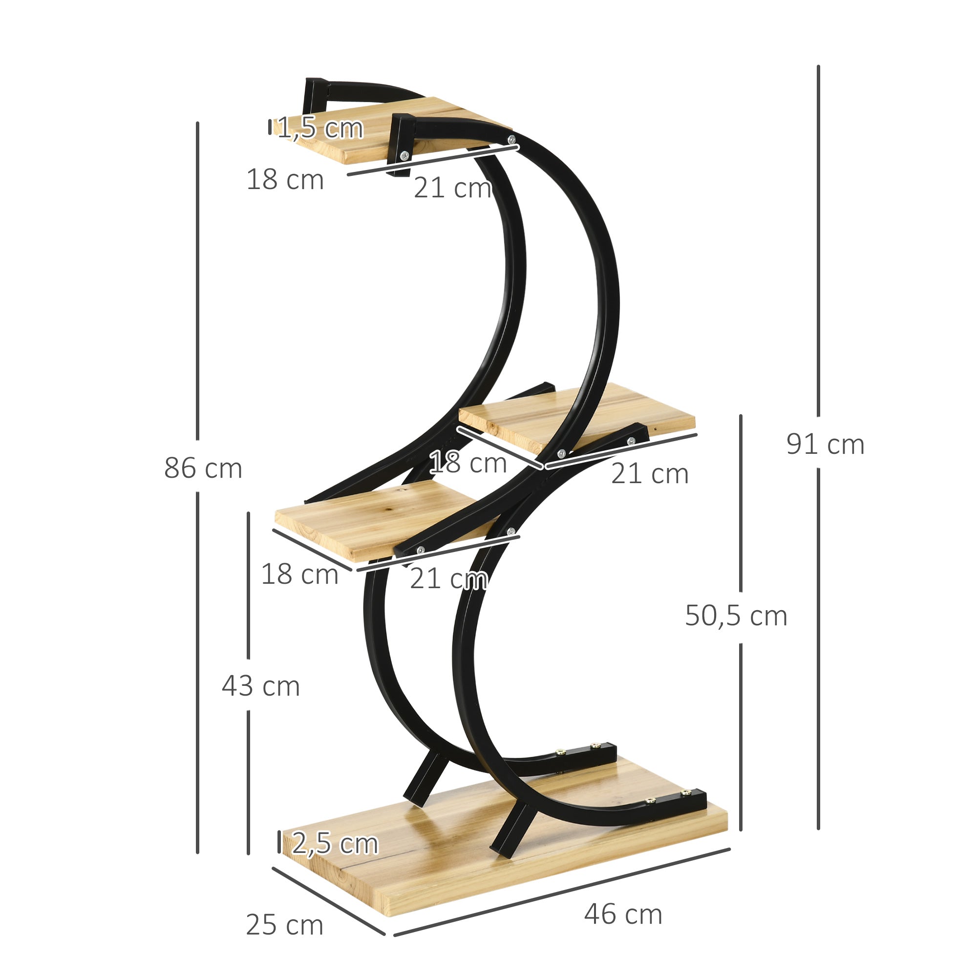 4-Tier Plant Stand, S-Shaped Flower Stand for Indoor Outdoor, 91cm Tall Plant Rack made of Metal Wood, Flower Shelf, Flower Pot Stand for Living Room, Garden Balcony, Black