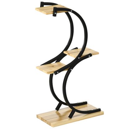 4-Tier Plant Stand, S-Shaped Flower Stand for Indoor Outdoor, 91cm Tall Plant Rack made of Metal Wood, Flower Shelf, Flower Pot Stand for Living Room, Garden Balcony, Black