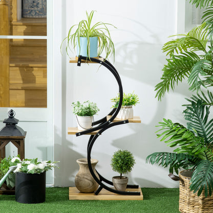 4-Tier Plant Stand, S-Shaped Flower Stand for Indoor Outdoor, 91cm Tall Plant Rack made of Metal Wood, Flower Shelf, Flower Pot Stand for Living Room, Garden Balcony, Black