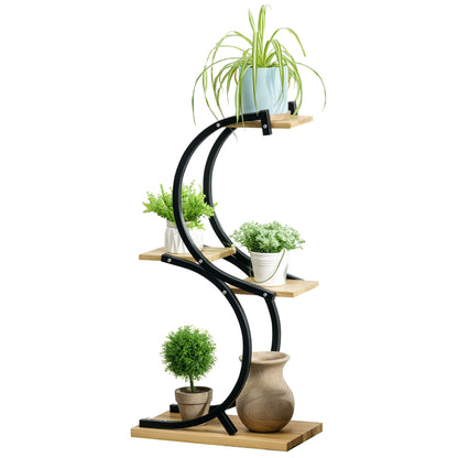 4-Tier Plant Stand, S-Shaped Flower Stand for Indoor Outdoor, 91cm Tall Plant Rack made of Metal Wood, Flower Shelf, Flower Pot Stand for Living Room, Garden Balcony, Black