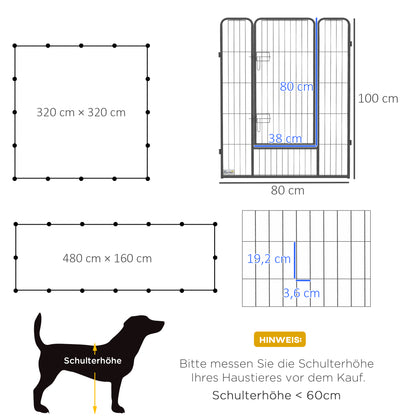 Puppy Playpen, Puppy Playpen with 16 Grids each 80x100 cm, Enclosure for Large, Medium, Small Dogs, Small Animal Playpen, DIY Puppy Pen with Two Doors, Steel, Gray, 320 x 320 x 100 cm