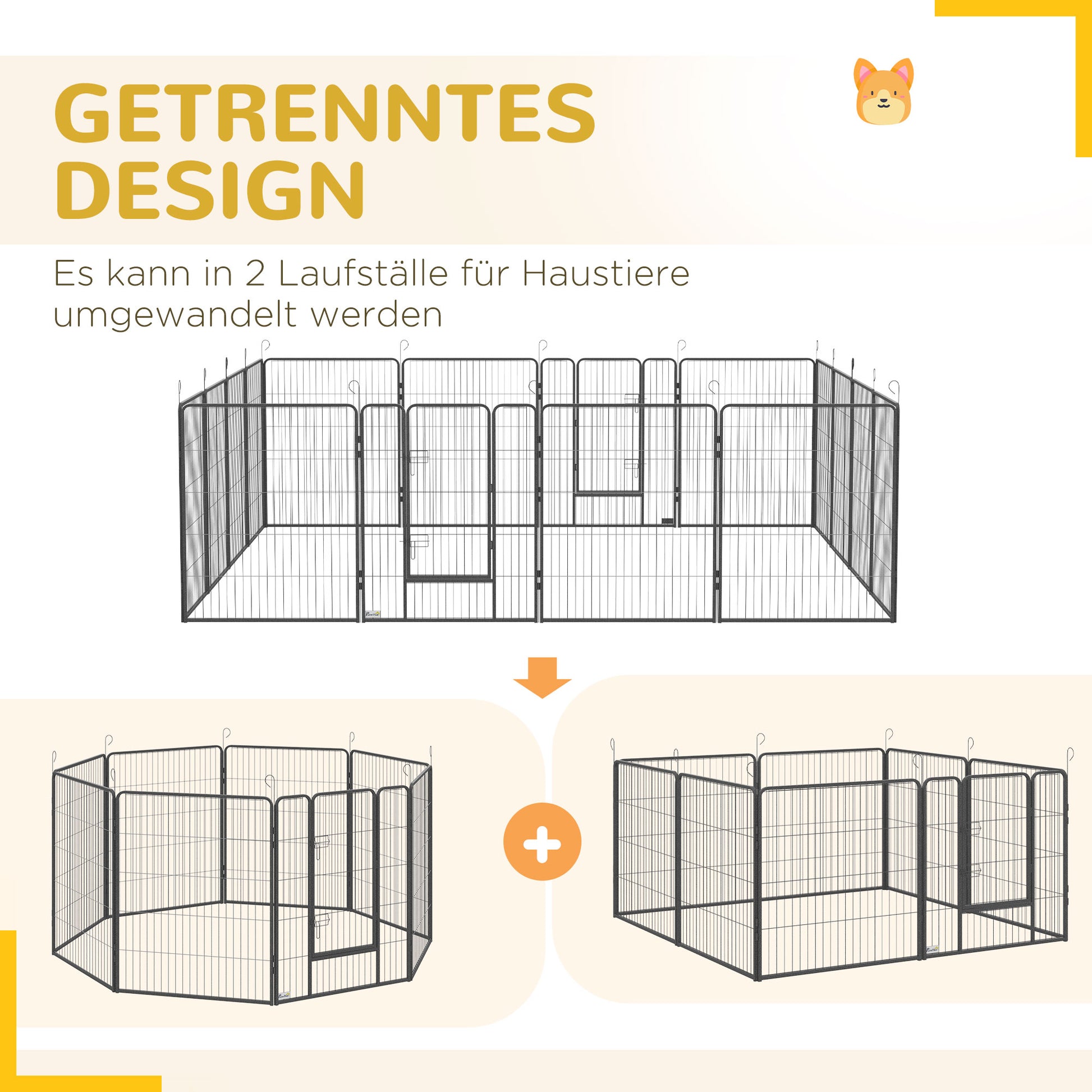 Puppy Playpen, Puppy Playpen with 16 Grids each 80x100 cm, Enclosure for Large, Medium, Small Dogs, Small Animal Playpen, DIY Puppy Pen with Two Doors, Steel, Gray, 320 x 320 x 100 cm