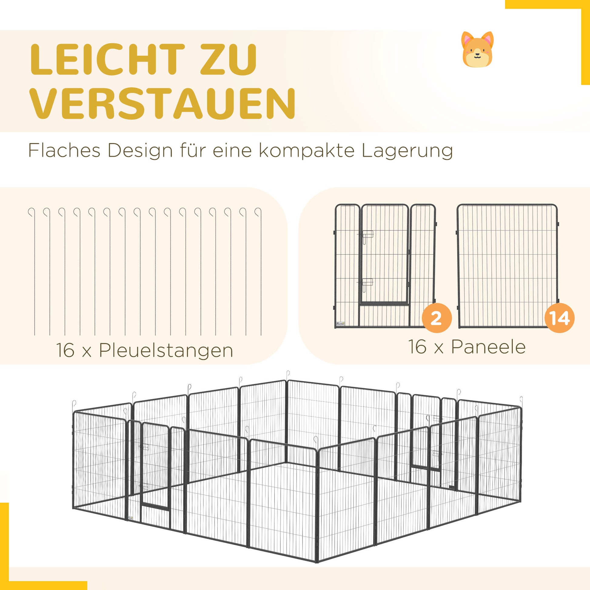 Puppy Playpen, Puppy Playpen with 16 Grids each 80x100 cm, Enclosure for Large, Medium, Small Dogs, Small Animal Playpen, DIY Puppy Pen with Two Doors, Steel, Gray, 320 x 320 x 100 cm