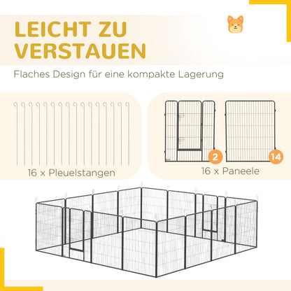 Puppy Playpen, Puppy Playpen with 16 Grids each 80x100 cm, Enclosure for Large, Medium, Small Dogs, Small Animal Playpen, DIY Puppy Pen with Two Doors, Steel, Gray, 320 x 320 x 100 cm